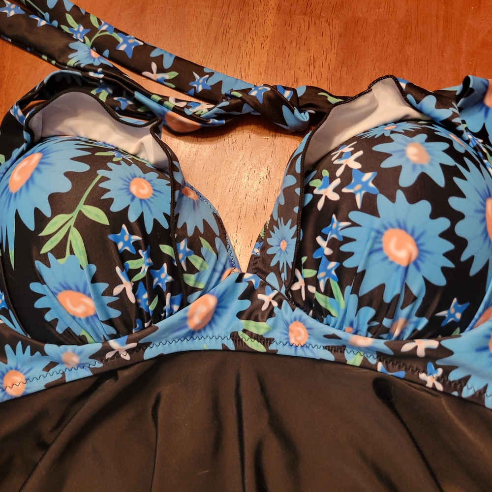 Floral Black and Blue Swimsuit Top